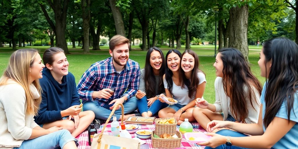 Group of friends having a picnic in a park.