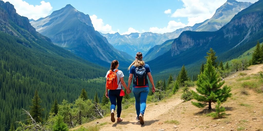 Couple hiking in mountains with backpacks, enjoying nature.