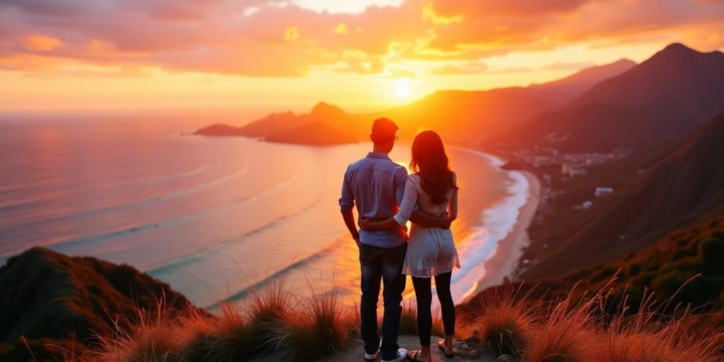 Couple on cliff at sunset