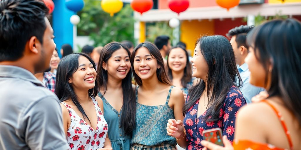 Diverse Asian singles socializing at an outdoor gathering.