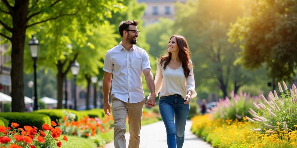 Couple walking in a sunny park