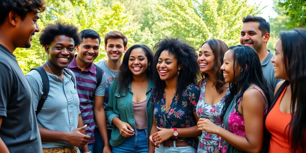 Diverse group of people enjoying time together outdoors.