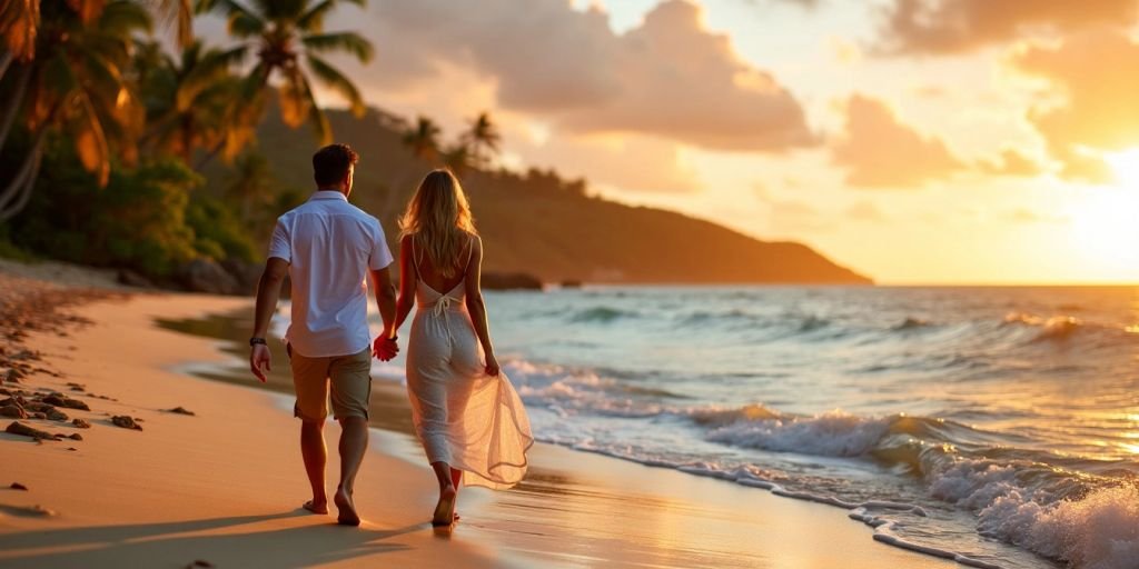 Couple walking on Puerto Rican beach at sunset.