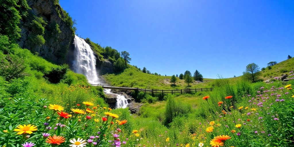 Hidden waterfall in a lush green landscape.