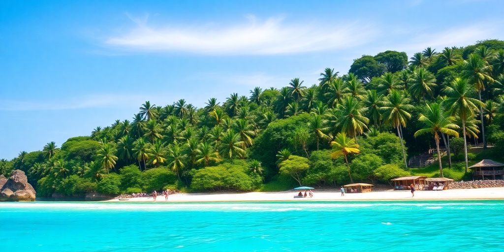 Tropical beach in the Philippines with clear waters and palms.