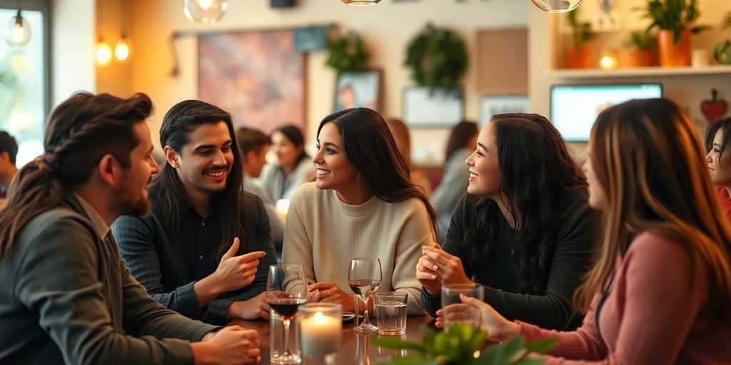 Group of young adults chatting in a cozy café.