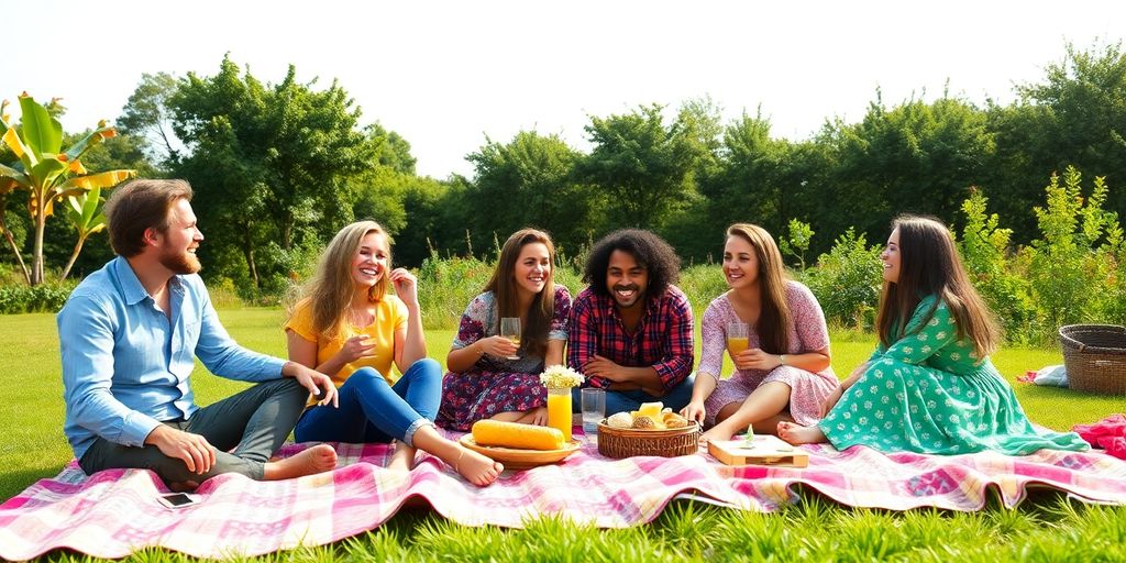 Couples picnicking in a sunny park with greenery.