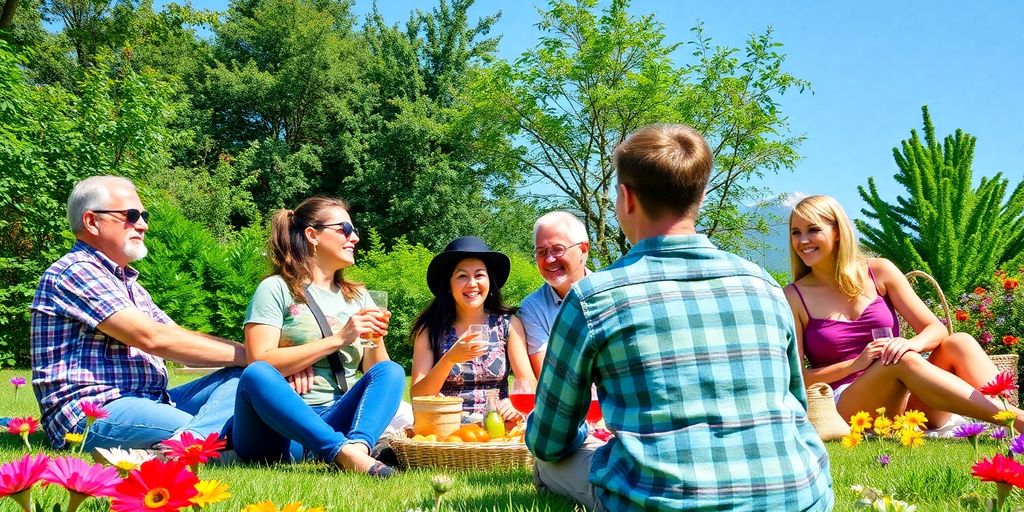 Couples having a picnic in a lush green park.