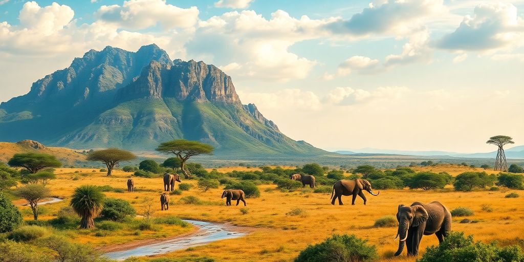 Vibrant African landscape with wildlife and iconic landmarks.