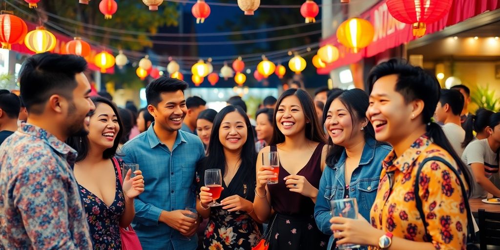 Group of Asian singles enjoying a lively outdoor gathering.