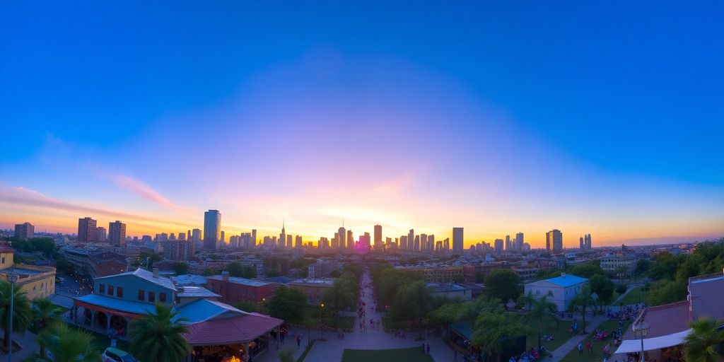 City skyline with people socializing outdoors at sunset.