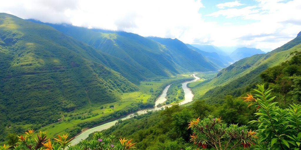 Lush mountains and serene river in South America.