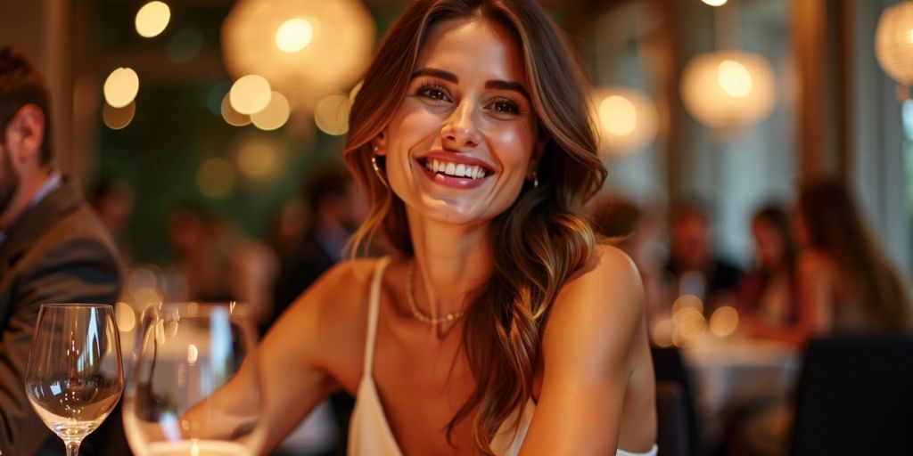 Confident woman at a romantic dinner setting.