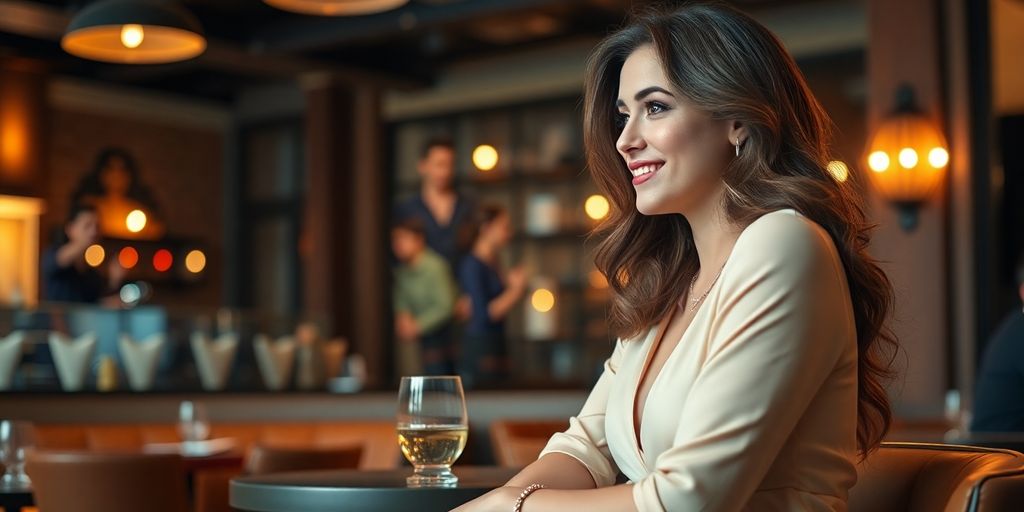 Woman enjoying a date in a cozy café setting.