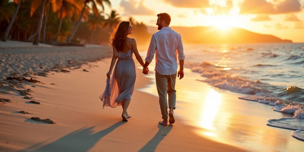 Couple walking on beach at sunset