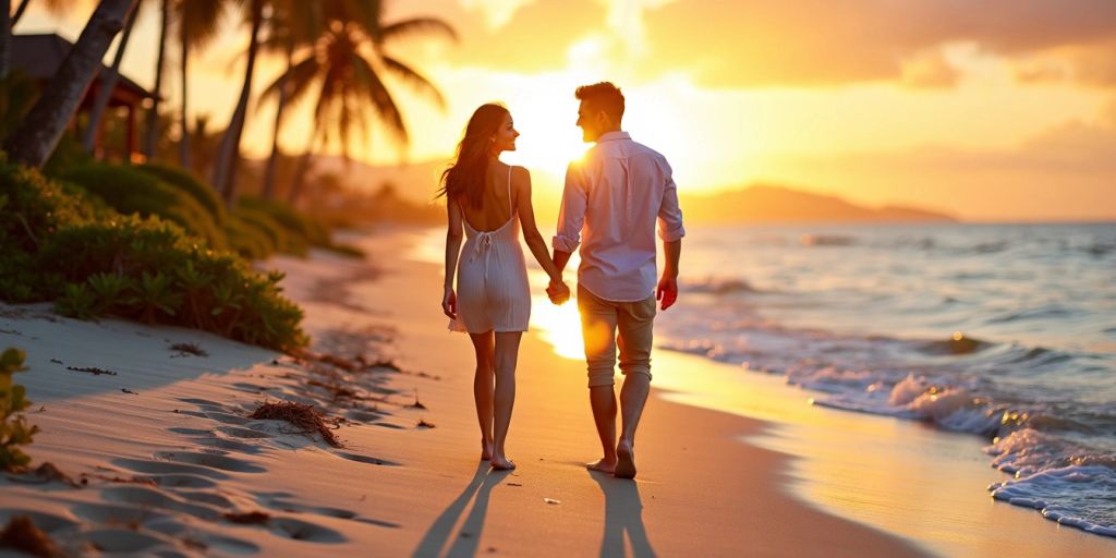 Couple walking on beach at sunset