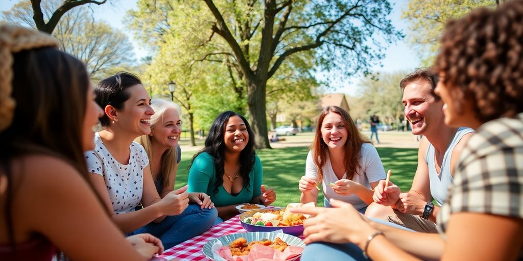 Group of people having a picnic in a park.