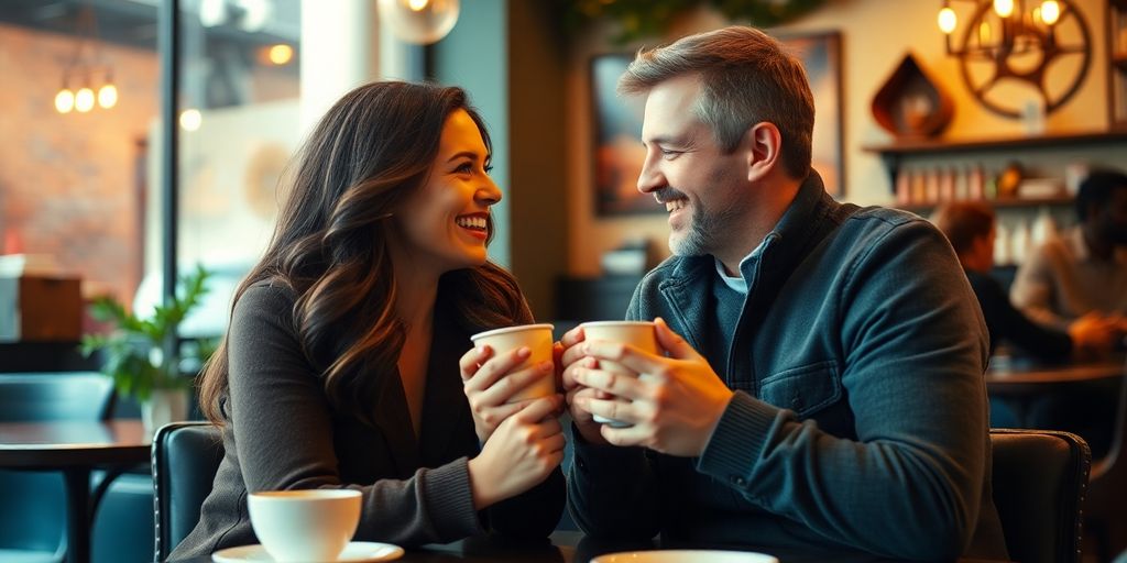 Couple sharing a joyful moment on a coffee date.