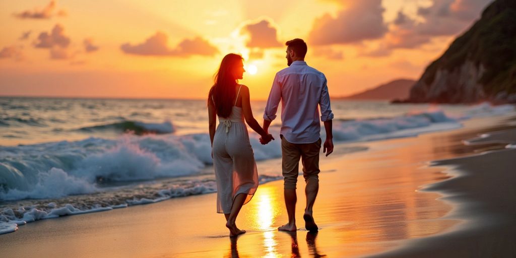 Couple walking on a beach at sunset