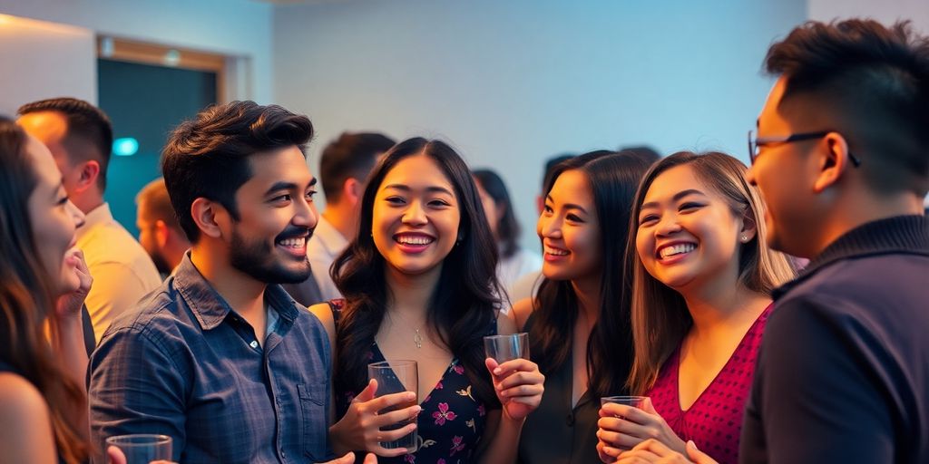 Diverse Asian singles enjoying a social gathering together.