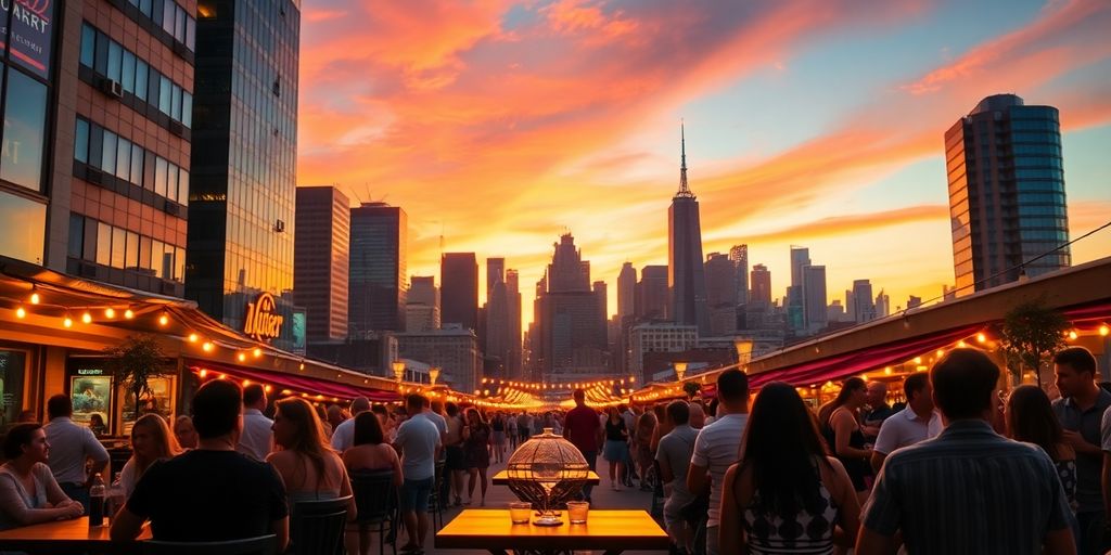 City skyline at sunset with singles socializing outdoors.