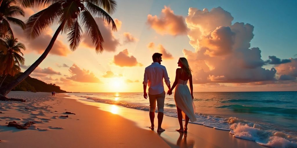 Couple holding hands on a beach at sunset.