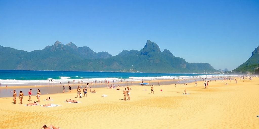 Beach scene in Rio de Janeiro with sunbathers and surfers.