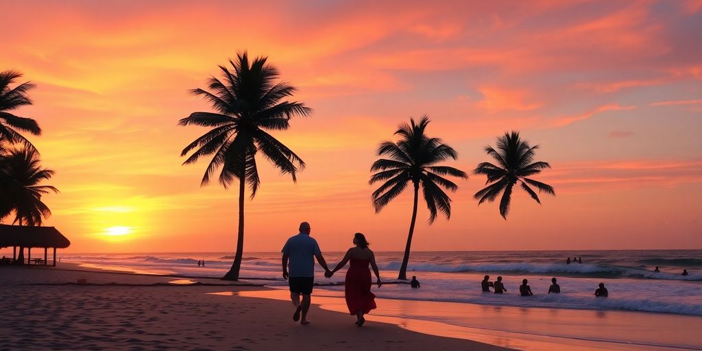 Couples walking on a beach at sunset.