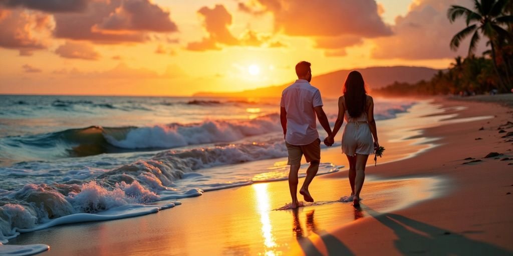 Couple walking on Puerto Rico beach at sunset