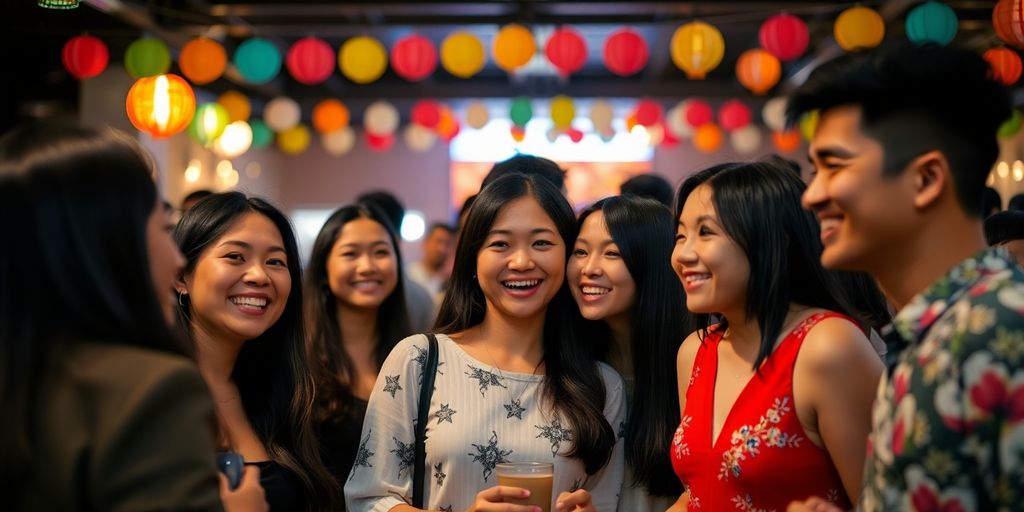 Group of Asian singles socializing at an event.