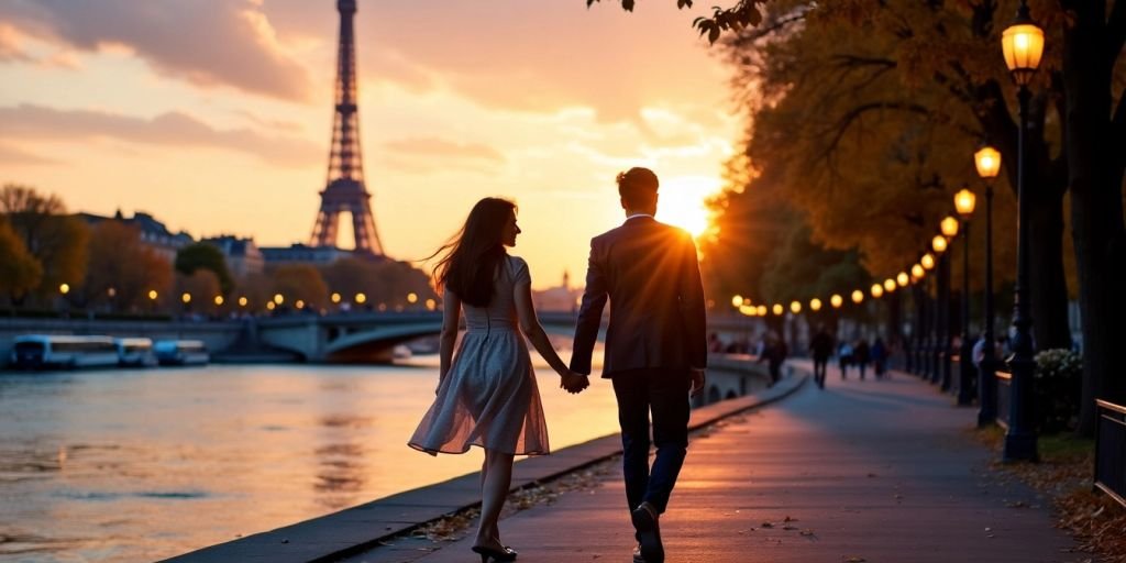 Couple walking by the Seine at sunset.