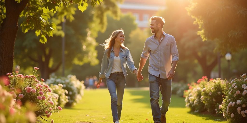 Happy couple walking in a park