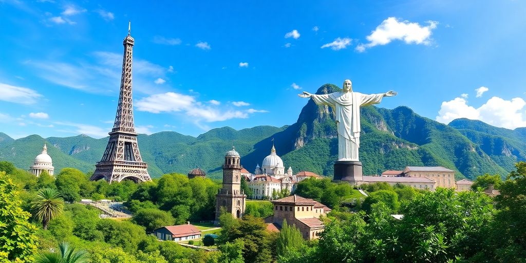 Landmarks from Europe and South America in a scenic view.