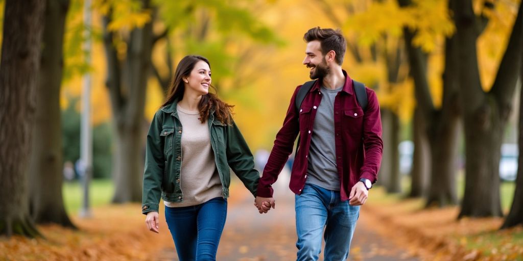 Happy couple walking in park