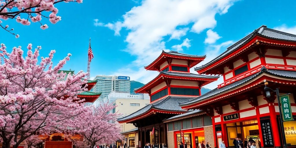 Cherry blossoms and temples in a scenic Japanese landscape.