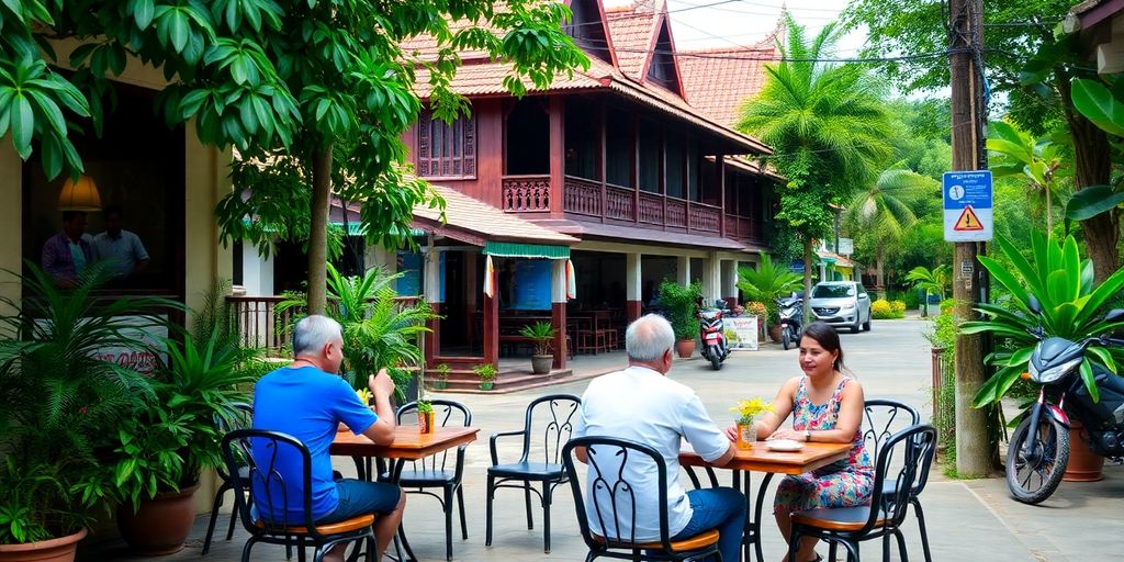 Couples dining outdoors in a Cambodian street scene.