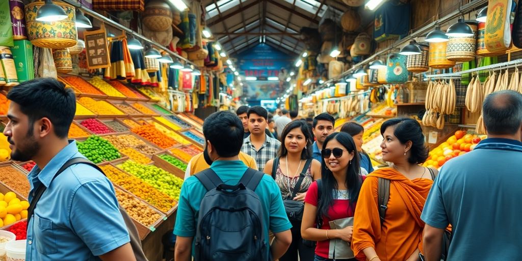 Diverse travelers exploring a colorful international market.