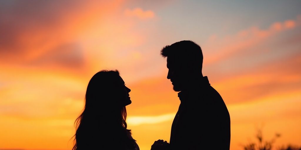 Couple enjoying a sunset in a romantic setting.