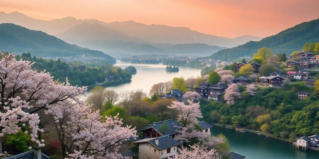 Scenic view of Japan's mountains and cherry blossoms.