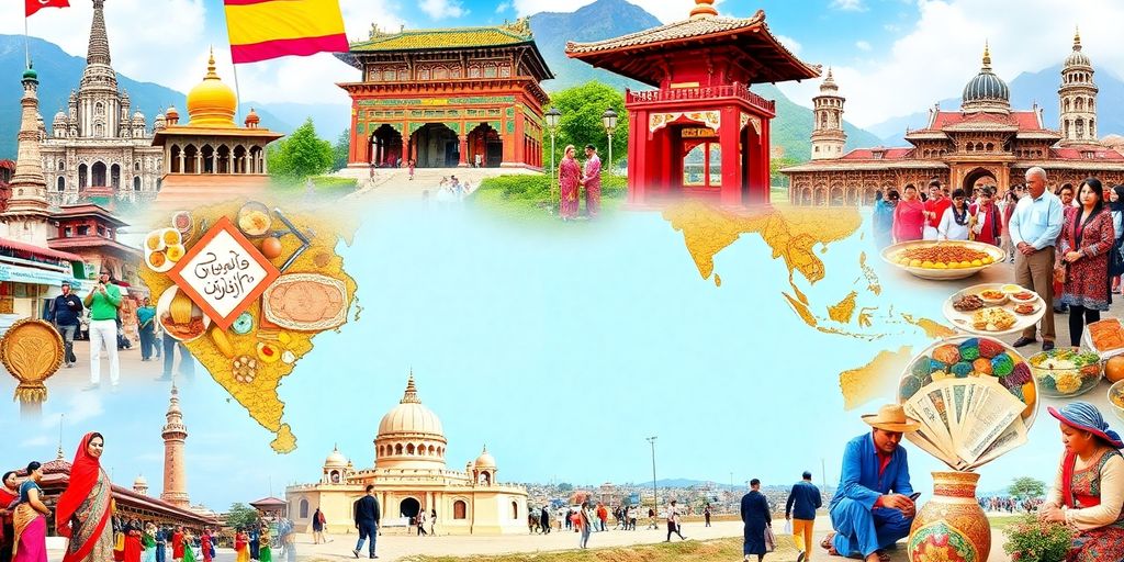 Collage of global cultures, landmarks, and traditional attire.