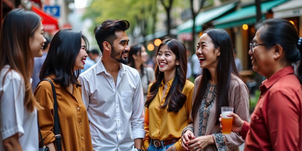 Diverse Asian individuals enjoying a lively conversation outdoors.