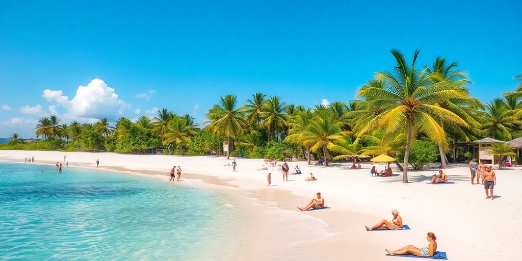 Tropical beach in the Dominican Republic with palm trees.