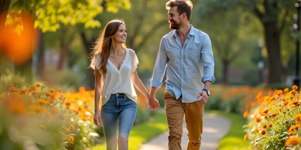 Couple walking in a sunlit park