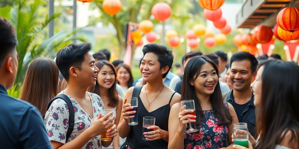 Diverse Asian singles enjoying a social outdoor event.