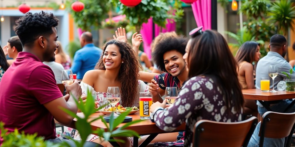 Diverse couples on a modern outdoor date in nature.