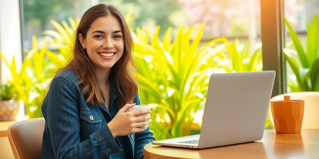 Smiling person at café with coffee and laptop.