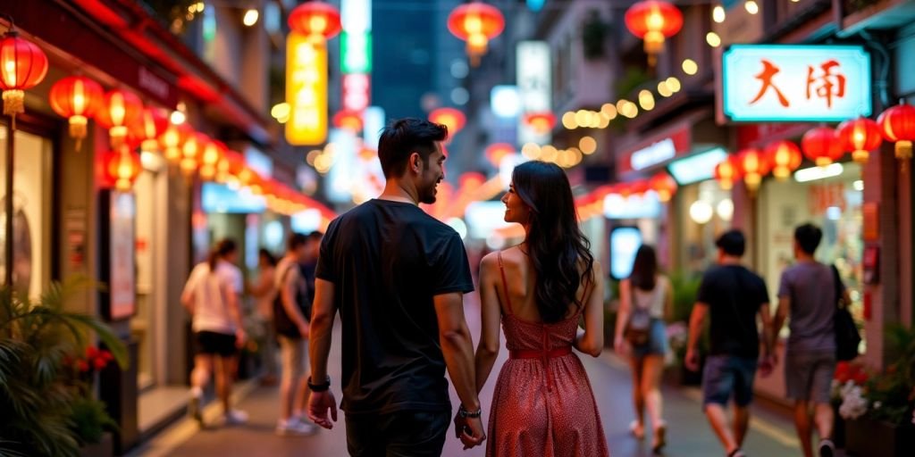 Couples walking under neon lights in Hong Kong