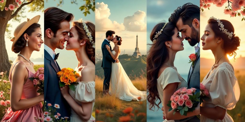 Collage of romantic scenes from American history.