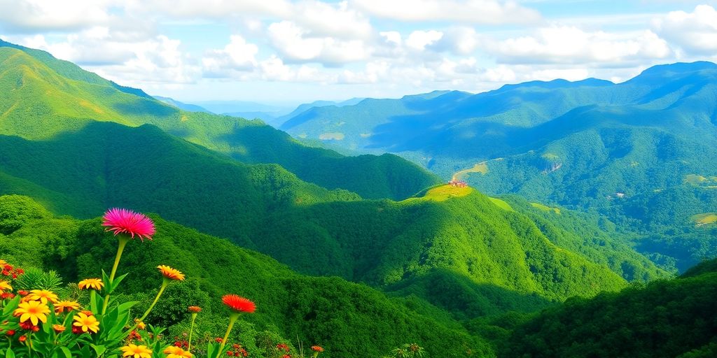 Vibrant Colombian landscape with mountains and colorful flowers.