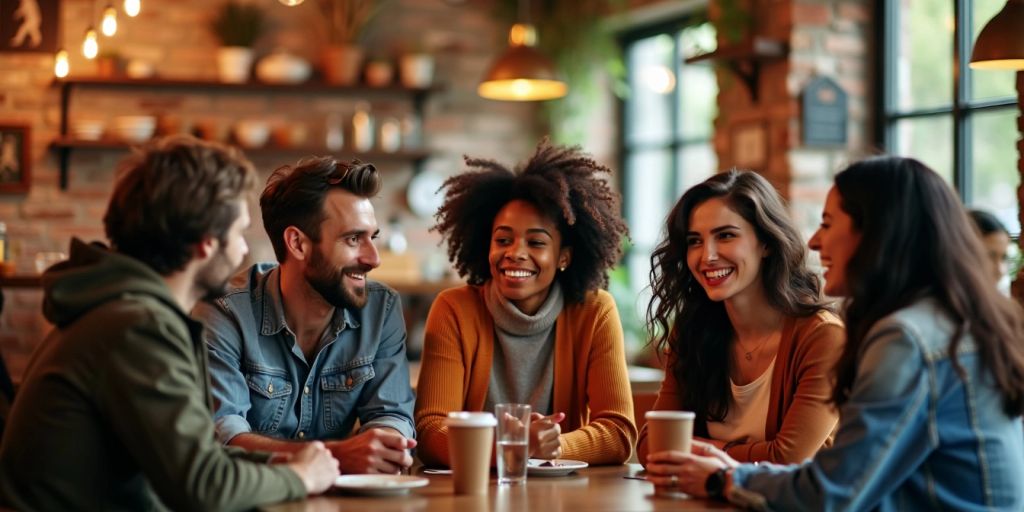 Group of people socializing in a café, exploring love.